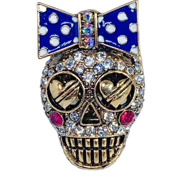 Betsey Johnson Sugar Skull Ring Sz 7 Crystal Stretch Ivy League Polka Dot - Picture 2 of 14